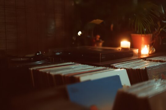 Cozy atmosphere with vinyl records, turntable, and candles creating a warm ambiance ideal for enjoying music during a quiet evening