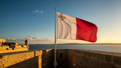 maltese flag waving prominently over ancient stone walls at sunset, overlooking serene sea. national pride and cultural heritage. travel, tourism, malta independence day