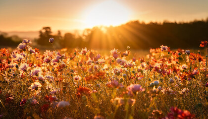 Radiant Sun Illuminates A Vibrant Field Of Blossoming Flowers In Golden Light Sunkissed