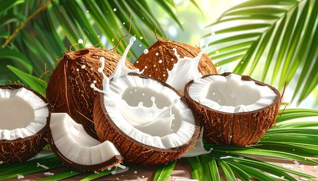 Cocos abiertos con leche salpicando y hojas tropicales