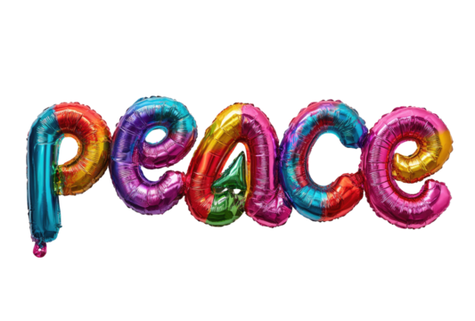 Colorful rainbow-hued balloons forming the word "peace