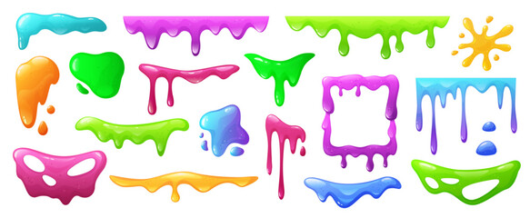 Cartoon slime drips. Colorful gelatin goo, color glue, mucus, sticky paint sludge. Toxic phlegm blob, jelly texture, slimy snivel. Jell splashes, Halloween decoration. Vector set