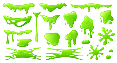 Green cartoon slime. Halloween goo, mucus drips, sticky liquid sludge. Toxic phlegm blob, jelly texture, slimy snivel. Spooky zombie mucus, ooze dribble. Vector isolated set © Ukio.stock