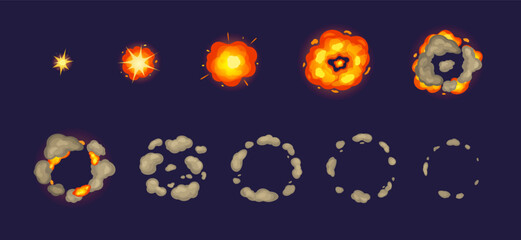 Explosion cartoon animation frames. Explosive comic video effect, bomb blast smoke cloud and fire. Energy flash explode, boom bang atomic explosion, shot. Vector isolated set