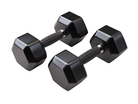 Two black hex-shaped dumbbells. Close-up, studio shot, isolated on white. Glossy finish