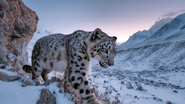 Snow leopard moves across ridge in snowy mountain valley at sunrise, close view of fur pattern and eye focus, predator posture on rock and grass, winter nature and alpine wilderness leopard peak