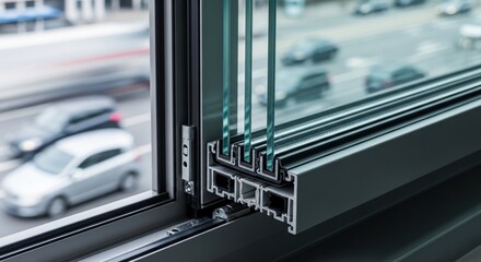 Close-up image of a modern triple-pane soundproof window with three glass layers, showcasing energy efficiency, premium design, and noise reduction benefits for home and office use.