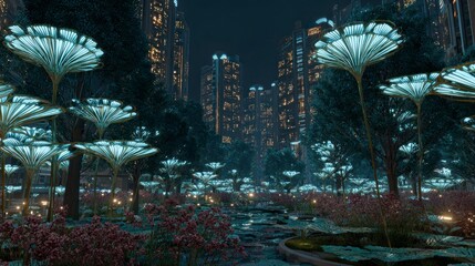 Futuristic city park night scene