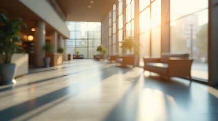 Bright, modern hotel lobby with large windows, natural sunlight, long shadows on a polished floor, and comfortable seating, creating a spacious and inviting atmosphere.
