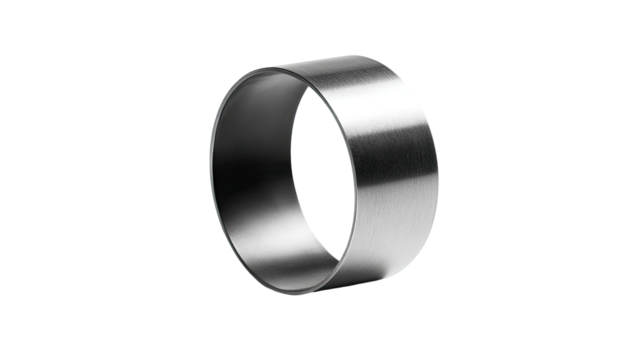 A polished, metallic ring, circular and flat.  It has a brushed or satin-like finish, appearing smooth and reflective