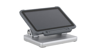 Gray tablet on a silver stand.  Tablet has a flat, dark gray screen and a dark gray bezel. The stand is a lightweight, silver metal base with a dark gray tablet mount that tilts