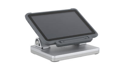 Gray tablet on a silver stand.  Tablet has a flat, dark gray screen and a dark gray bezel. The stand is a lightweight, silver metal base with a dark gray tablet mount that tilts