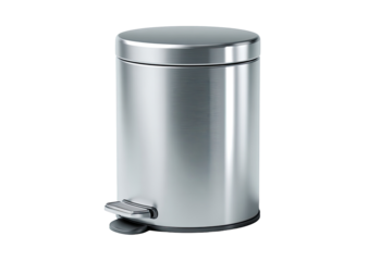 A full shot of a round, metallic trash can.  The can is a polished, light gray or silver color.  It features a smooth, rounded top and a small, dark gray lever on the bottom