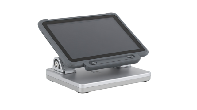 Gray tablet on a silver stand.  Tablet has a flat, dark gray screen and a dark gray bezel. The stand is a lightweight, silver metal base with a dark gray tablet mount that tilts