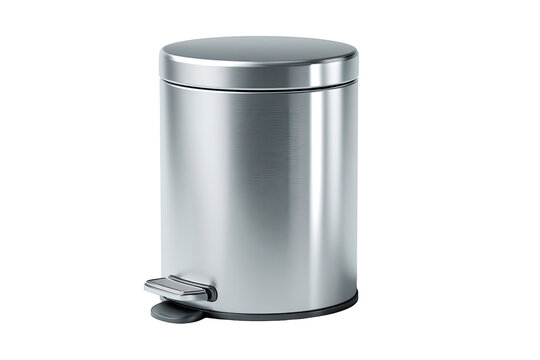 A full shot of a round, metallic trash can.  The can is a polished, light gray or silver color.  It features a smooth, rounded top and a small, dark gray lever on the bottom