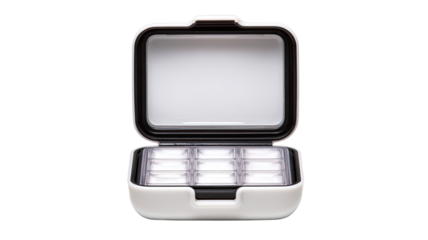 Open, square, compact storage case.  Light gray, dark gray accents.  Interior shows evenly spaced, small, rectangular compartments