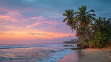 Fototapeta premium Serene tropical beach at sunset with gentle waves crashing on sand and lush palm trees swaying in the warm, pastel-hued sky