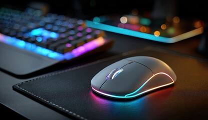 Gaming mouse with RGB lighting, dark desk