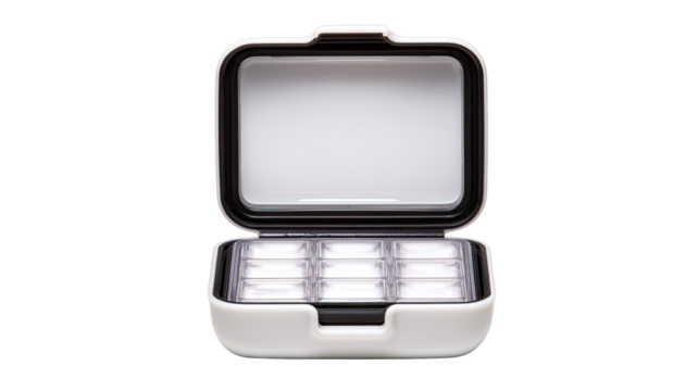 Open, square, compact storage case.  Light gray, dark gray accents.  Interior shows evenly spaced, small, rectangular compartments
