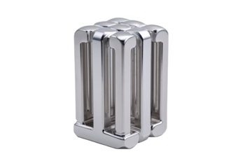 A polished, metallic cube, intricately constructed from interlocking, vertical bars