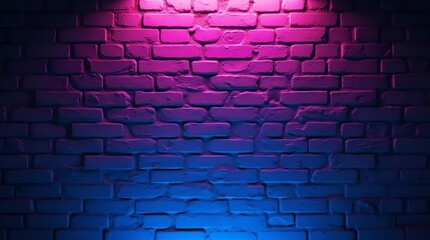 Stunning brick wall background texture illuminated by a vibrant pink to blue neon light gradient, ideal for modern urban design, energetic party backdrops, and creative digital art.