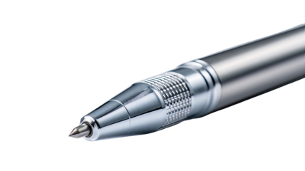 Close-up of a metallic pen tip.  The pen's tip is sharply pointed, and the barrel is a brushed metal, likely stainless steel.  Fine details are visible on the barrel