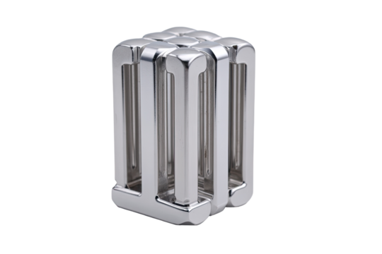 A polished, metallic cube, intricately constructed from interlocking, vertical bars