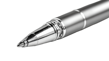 Close-up of a silver pen tip.  High-polish metal point.  Detailed design