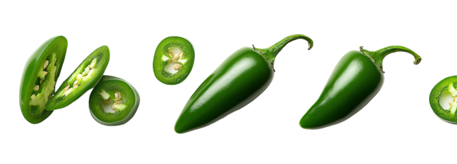 Fresh green jalape?o peppers, whole and sliced, displayed against a black background