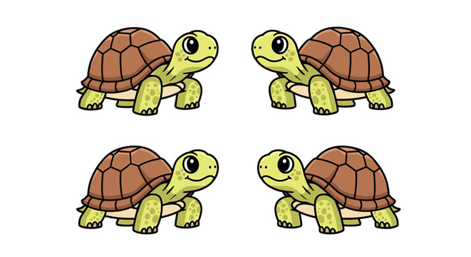 Four cartoon turtles with brown shells and green bodies facing each other on a white plane