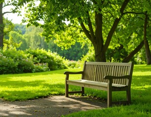 Park bench under trees. Lush green grass and foliage