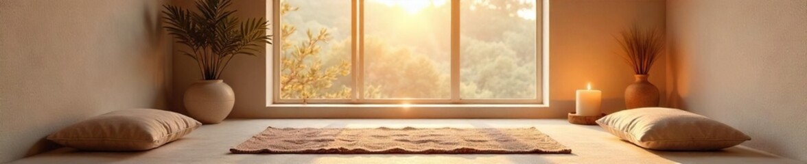 Serene meditation space with soft lighting, comfortable cushions, and calming decor, perfect for mindfulness and relaxation , balance, quiet
