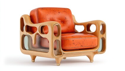 Orange upholstered chair, wood frame, modern design