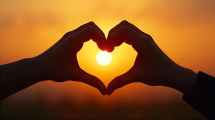 Golden hour silhouette hands forming a heart shape, framing the glowing sun against a vibrant orange sunset sky. Romantic love and hope concept image.