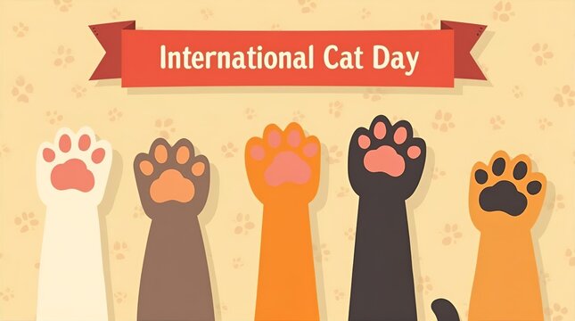 International Cat Day festive illustration with five colorful cartoon cat paws raised against a subtle paw print background. Cute feline celebration.