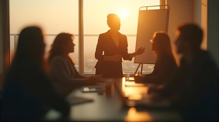 Golden hour business meeting with a female leader presenting to her team in a sunlit conference room silhouette.