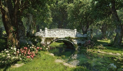 Obraz premium Lush, light-filled forest scene with a decorative stone bridge over a tranquil stream