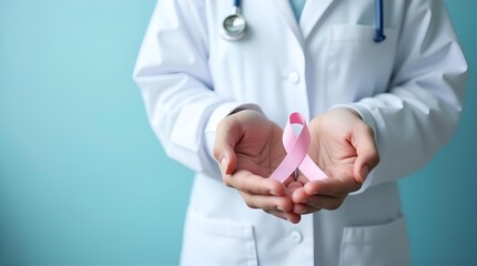 Dedicated doctor in white lab coat and stethoscope holding a pink ribbon, symbolizing breast cancer awareness, early detection, and medical support.