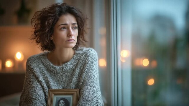 A grieving woman sitting by a window with soft light, holding a framed photo, symbolizing the mourning process and emotional healing after personal loss