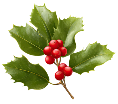 Close-up of holly sprig with vibrant green leaves and clusters of bright red berries