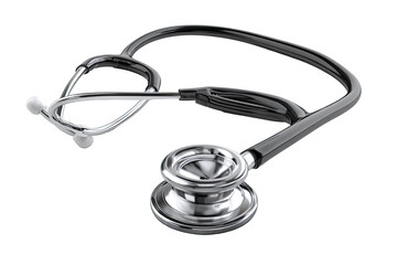 A medical stethoscope, black and silver, in a three-quarter view, angled, showing the binaurals, tubing and earpieces