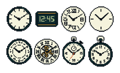 Fototapeta premium Timepiece pixel icon set. featuring analog, digital, stopwatch, 24-hour clock, and alarm designs.