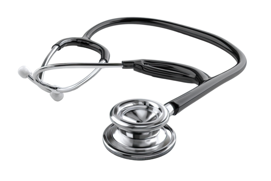 A medical stethoscope, black and silver, in a three-quarter view, angled, showing the binaurals, tubing and earpieces