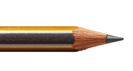 Close-up of a pencil's tip and shaft.  A dark gray graphite lead is visible within a golden-hued wooden exterior.  The pencil's point is sharpened