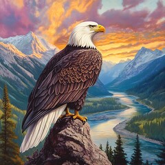 Fototapeta premium Scenic bald eagle perched proudly against background of forested mountains image