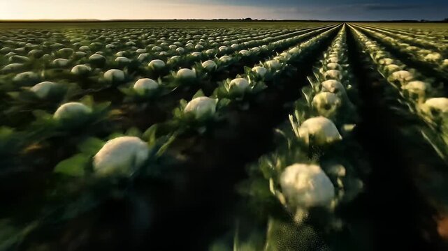 Aerial View of Rows of Cauliflower Growing in a Brown Field Under a Blue Sky With Warm Sunset Light in the Background in Late Afternoon