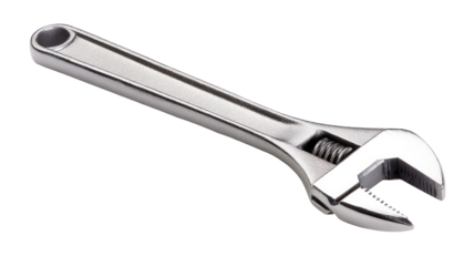 A chrome adjustable wrench, angled slightly