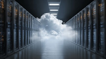 Futuristic data center hallway merging with ethereal clouds symbolizing seamless cloud computing integration and digital transformation innovation