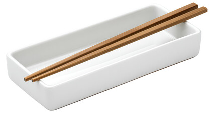 Rectangular white ceramic dish with wooden chopsticks