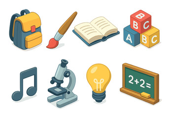 Education flat icon set. featuring backpack, paintbrush, book, blocks, music note, microscope, bulb, chalkboard.